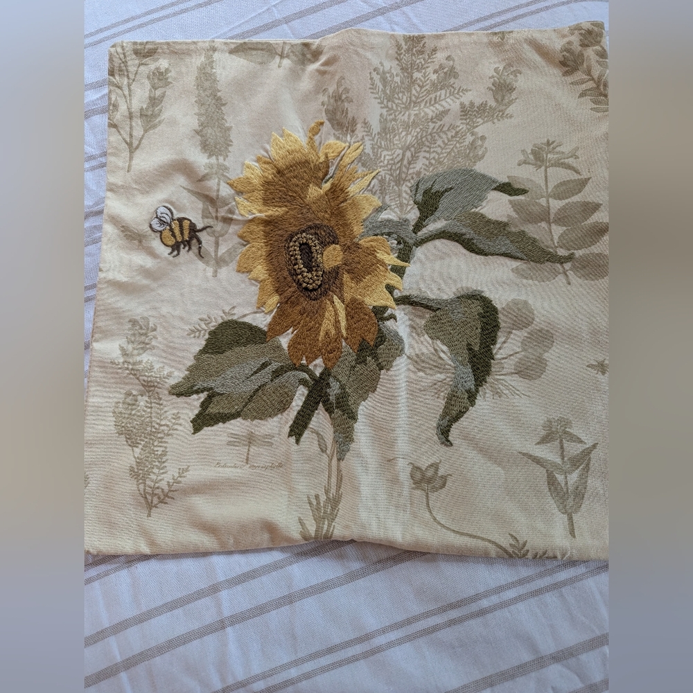 Pottery Barn Sunflower & Bee Embroidered Pillow Cover made from 100% cotton. 